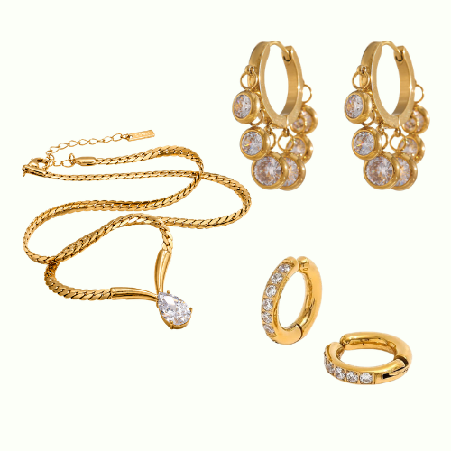 Party Combo Diamond Treasure Necklace + White Timeless Regal Huggies Combo + NO PIERCING ADDICT EARCUFFS
