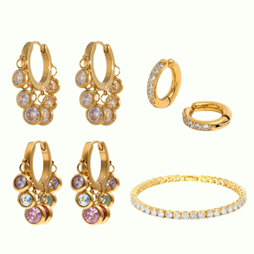 Favorite Combo White + Multi Timeless Regal Huggies  + NO PIERCING ADDICT EARCUFFS 13MM + Tennis bracelet