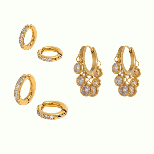 COMBO 13 + 15 MM NO PIERCING ADDICT EARCUFFS - 18K GOLD PLATED + White Timeless Regal Huggies