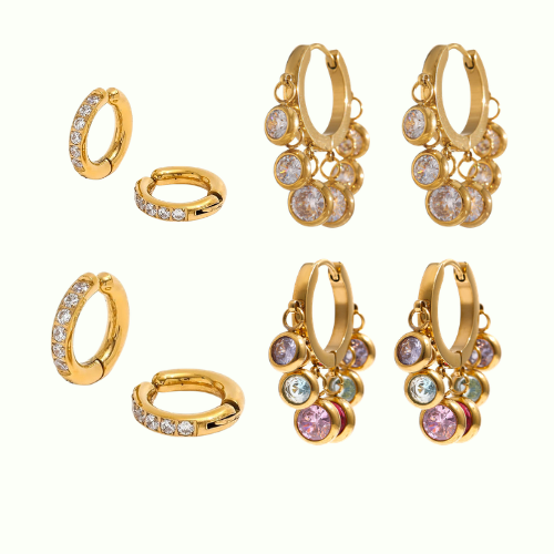 COMBO 13 + 15 MM NO PIERCING ADDICT EARCUFFS - 18K GOLD PLATED + White + Multi Timeless Regal Huggies (Copy)
