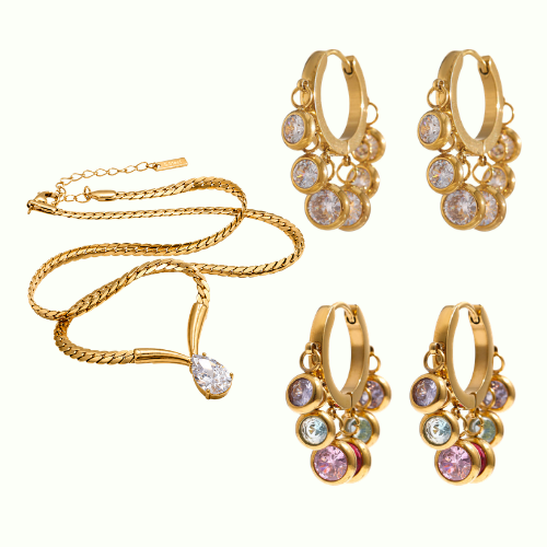 Party Combo Diamond Treasure Necklace + White + Multi Timeless Regal Huggies Combo +